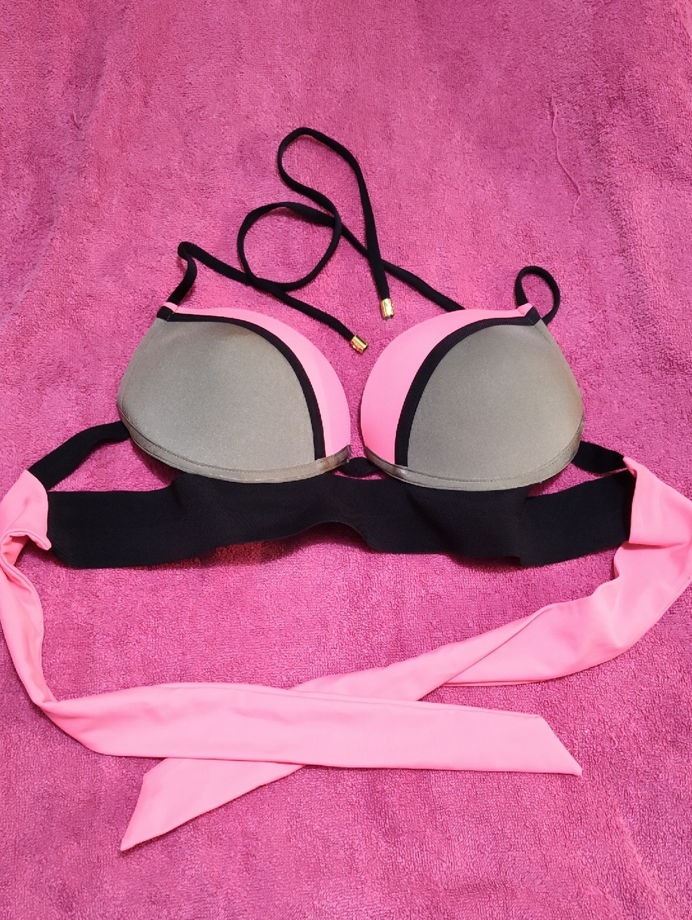 Neon Pink Colorblock Push-Up Bikini Top